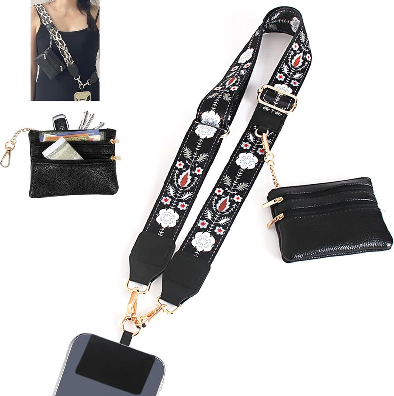 SCINYMC Clip and Go Strap for Phone with Wallet Crossbody, Adjustable Phone-Lanyards with Wallet, Phone Lanyard with Zippered Pouch, Crossbody iPhone Straps for All Phones, Black Pattern - Image 1